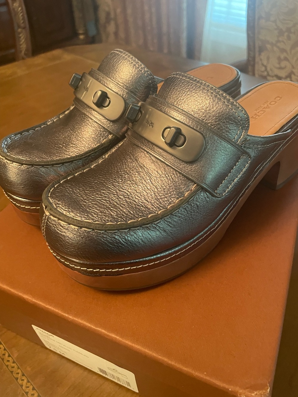 Coach 2016 collection Adrienne Metallic Tambled Gunmetal Leather Platform Clogs